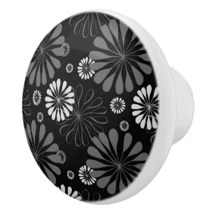 Bouton De Porte En Céramique Floral noir et blanc rétro