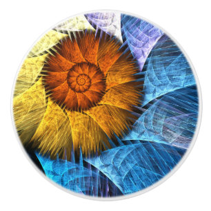 Bouton De Porte En Céramique Floral Orange Bleu Jaune Art Abstrait