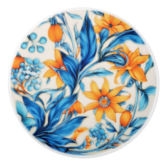 Bouton De Porte En Céramique Floral Pattern- Orange and Blue