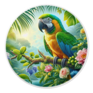 Bouton De Porte En Céramique Floral tropical macaw vert