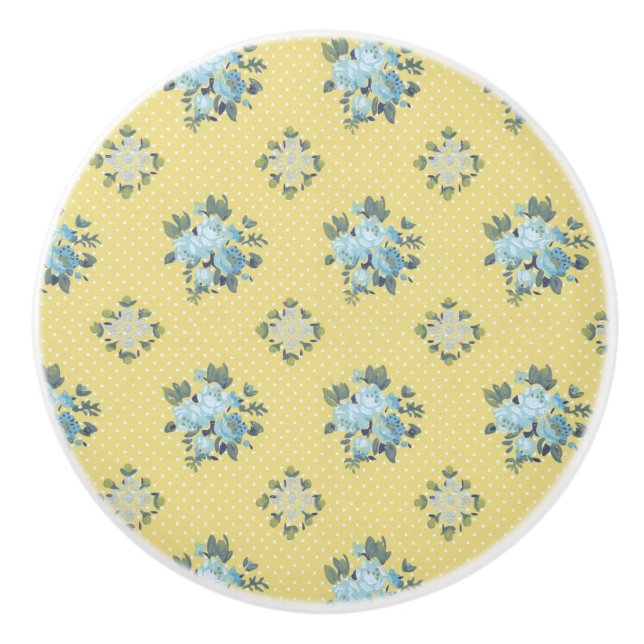 Bouton De Porte En Céramique Flore bleu et jaune (Devant)
