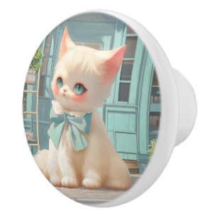 Bouton De Porte En Céramique Fluffy Kitten avec Blue Bow à la pâtisserie