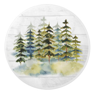 Bouton De Porte En Céramique Foggy Green Pine Forest Aquarelle Bois blanc