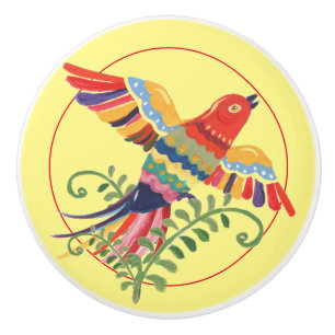 Bouton De Porte En Céramique Folk Art Flying Bird coloré Rustique Retro Jaune