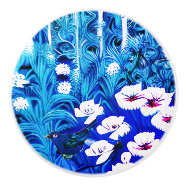 Bouton De Porte En Céramique Forêt d'Imaginaires avec fleurs et oiseaux (Devant)
