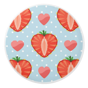 Bouton De Porte En Céramique Fraises de coeur avec le pois et les coeurs