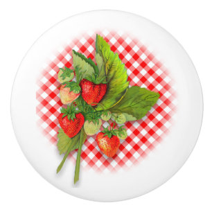 Bouton De Porte En Céramique Fraises et guingan rouge