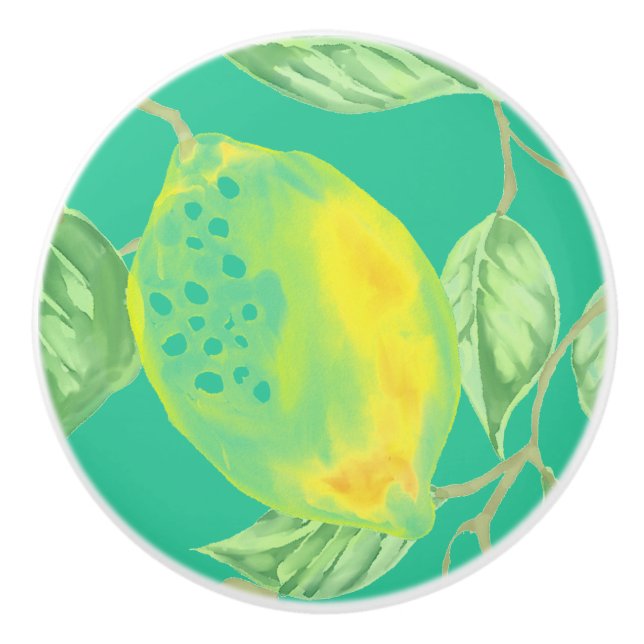 Bouton De Porte En Céramique Fruit citron motif jaune vert turquoise (Devant)