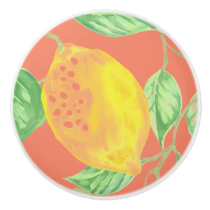 Bouton De Porte En Céramique Fruits de citron jaune motif et rose pêche