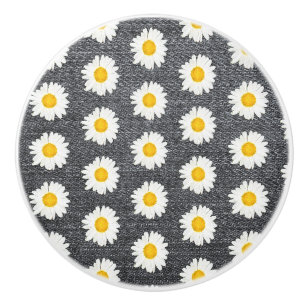 Bouton De Porte En Céramique Fun été Fun Daisy Flower Motif sur Grey Vintage 