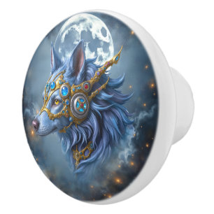Bouton De Porte En Céramique Gardien au clair de lune du Voile de Saphir.