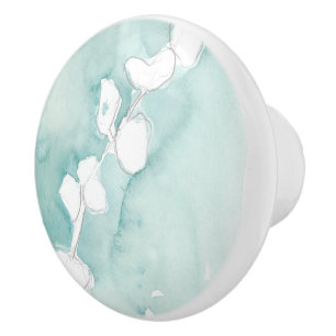 Bouton De Porte En Céramique Ginkgo sur Dusty Turquoise - Blanc