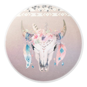Bouton De Porte En Céramique Glam Boho Russe Vache florale Crâne Iridescente