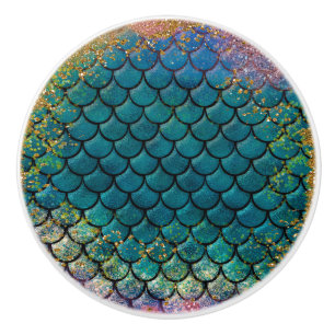 Bouton De Porte En Céramique Glam Mermaid Balances de poisson Turquoise violet 