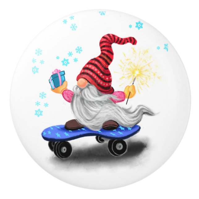 Bouton De Porte En Céramique Gnome de patinage avec cadeaux Noël Ceramic Knob (Devant)