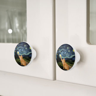Bouton De Porte En Céramique Gogh Kitty Starry Night Chat