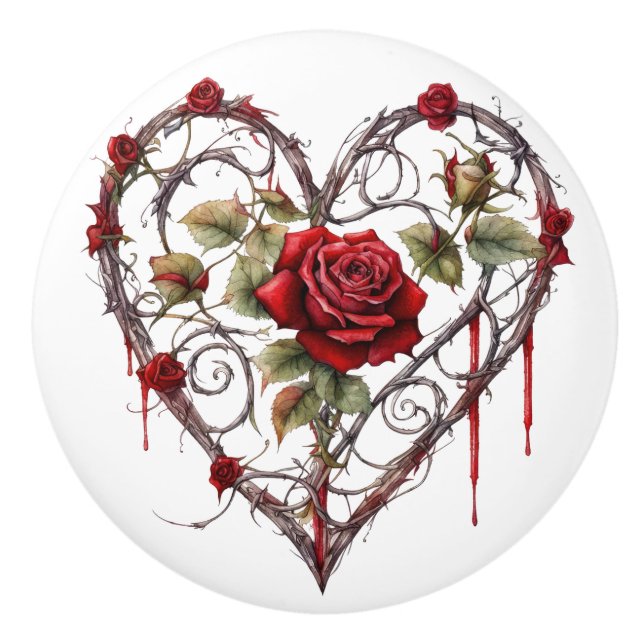 Bouton De Porte En Céramique Gothic Red Rose Heart Vine Artwork Vintage Elegant (Devant)