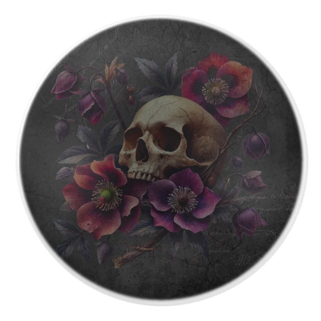 Bouton De Porte En Céramique Gothique Moody Crâne avec fleurs (Devant)