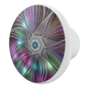 Bouton De Porte En Céramique Grande Fleur colorée Abstraite Trippy Fractal Art