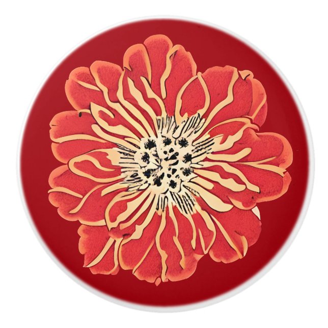 Bouton De Porte En Céramique Grande Fleur Rouge Art Nouveau (Devant)