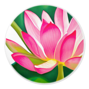 Bouton De Porte En Céramique Grande Lit d'eau rose avec Feuilles vert émeraude