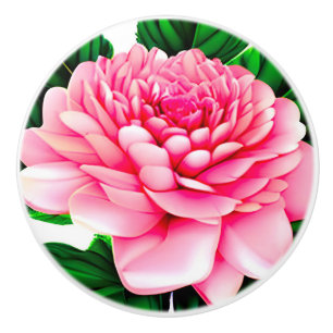 Bouton De Porte En Céramique Grande pivoine rose avec Feuilles vert émeraude