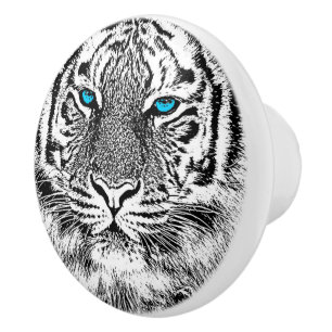Bouton De Porte En Céramique Graphique noir et blanc de tigre d'yeux bleus