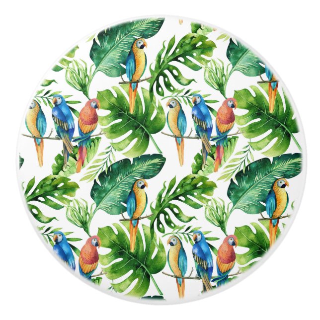 Bouton De Porte En Céramique Green Tropical Feuilles & oiseaux Summer Island (Devant)