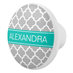 Bouton De Porte En Céramique Gris Blanc Marocain #5 Nom Turquoise Monogramme