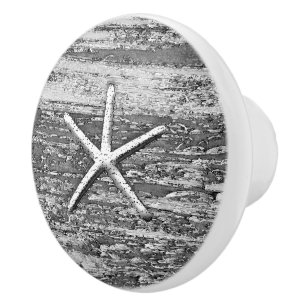Bouton De Porte En Céramique Gris en bois d'étoiles de mer nautiques et blanc