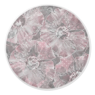 Bouton De Porte En Céramique Gris rose, grandes fleurs design