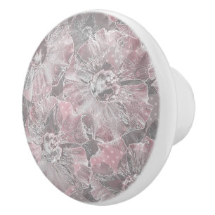 Bouton De Porte En Céramique Gris rose, grandes fleurs design