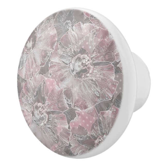 Bouton De Porte En Céramique Gris rose, grandes fleurs design (Droite)