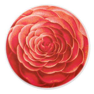 Bouton De Porte En Céramique Grosse Fleur De Camellia, Corail Orange