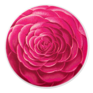 Bouton De Porte En Céramique Grosse Fleur De Camellia, Rose Fuchsia