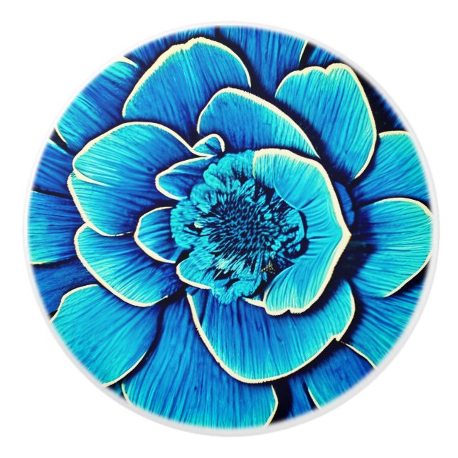Bouton De Porte En Céramique Grosse floraison de Camellia Bleue (Devant)