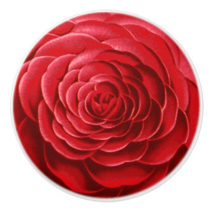 Bouton De Porte En Céramique Grosse floraison de Camellia, tons rouge profond