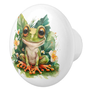 Bouton De Porte En Céramique Grosse grenouille verte teintée sur Lily Pad