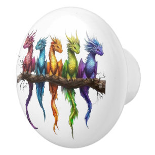 Bouton De Porte En Céramique Groupe Arc-en-ciel de bébés dragons sur 