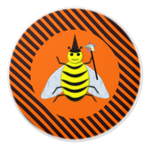 Bouton De Porte En Céramique Halloween Magic Bee Witch Orange et Black Stripes