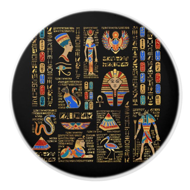 Bouton De Porte En Céramique Hiéroglyphes et divinités égyptiens en noir (Devant)