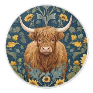 Bouton De Porte En Céramique Highland Cow William Morris style tournesol jaune