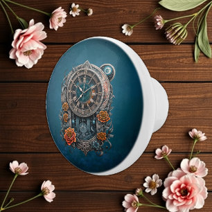 Bouton De Porte En Céramique Horloge Steampunk Ornate avec Roses.