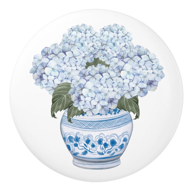 Bouton De Porte En Céramique Hydrangea Chinoiserie Fleur bleue (Devant)