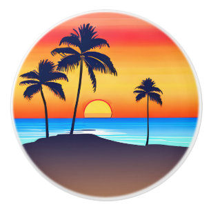 Bouton De Porte En Céramique Île tropicale au coucher du soleil avec palmiers