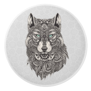 Bouton De Porte En Céramique Illustration Abstraite de la tête de loup noir