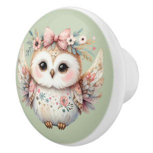 Bouton De Porte En Céramique Illustration de la chouette de kawaii Boho