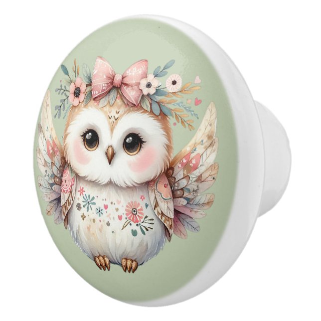 Bouton De Porte En Céramique Illustration de la chouette de kawaii Boho (Droite)