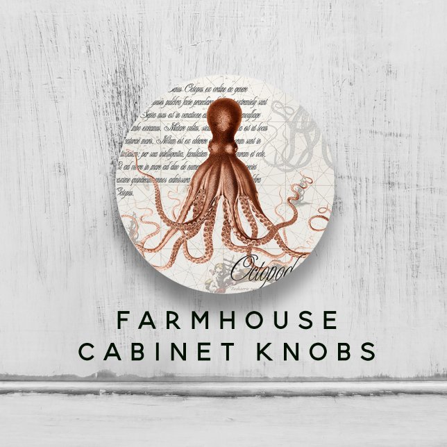Bouton De Porte En Céramique Illustration de pieuvre rouge Vintage tirée à la m (Hand-Drawn Vintage Red Octopus Illustration Ceramic Knob)
