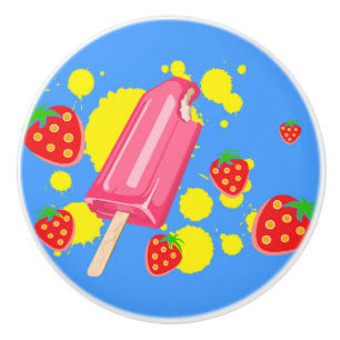 Bouton De Porte En Céramique Illustration Fun Pink Popsicle and Strawberries